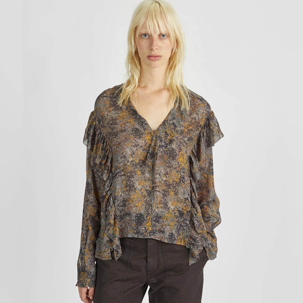 NWOT Isabel Marant Etoile Jelby Khaki Ruffle Long Sleeve Blouse Boho Bohemian 4